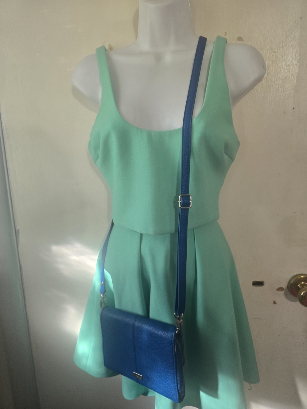 Mint Green Fit & Flare Dress with Blue Crossbody Bag